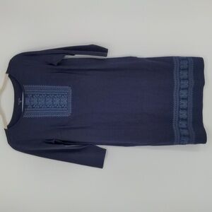 Garnet Hill Organic Cotton Dress Size XS Embroidered‎ 3/4 Sleeve Boatneck Blue